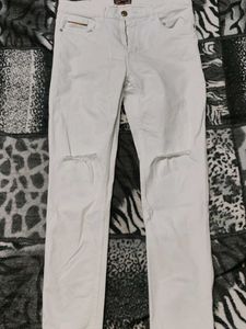White Cotton Blend Jeans Pant
