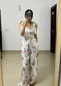 Floral White Cotton High-waisted Jumpsuit