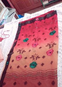 Red &amp; Beige Floral Embellished Saree