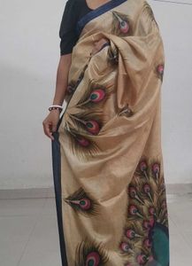 Elegant Beige Peacock Feather Saree