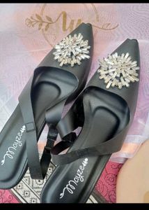 Mayze Black Slingback Heels with Crystal Embellish