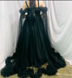 Elegant Black Tulle Gown with Cape