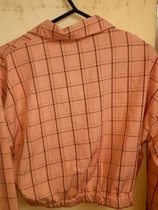 Peach Plaid Tie-Front crop Shirt