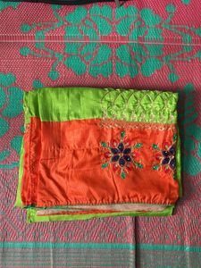 Orange and Green Embroidered Saree