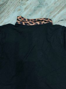 Black Button-Down Top w/ Leopard Collar