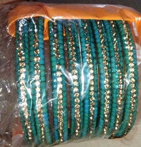 Teal &amp; Gold Beaded Bangle Set