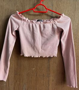 Pink Ribbed Off Shoulder Crop Top