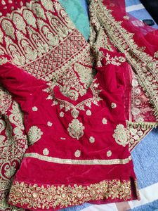 Fish Cut Bridal Red Velvet Lahenga