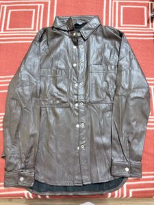 Brown Faux Leather Shirt Jacket