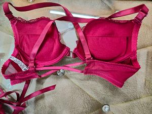 Wine Red Push Up Back Lace Bra Underwear Set