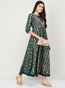 Women Printed Keyhole Neck Fit and Flare Dress