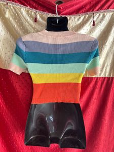 Retro Rainbow Ribbed Knit Mock Neck Crop Top