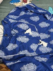 Blue Printed Kurta with Tassels