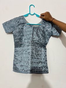 Grey Polka Dot Maxi Skirt With Glass Work Blouse