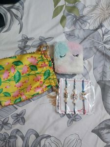 Brand New Rakhi With Silk Bag And Kids Pouch