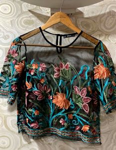Floral Embroidered Mesh Top