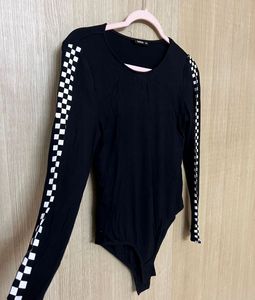 Sporty Black Bodysuit with Checkerboard Sleeves