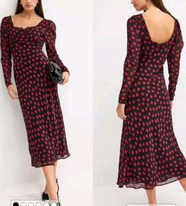 Red Floral Puffy Sleeves Dress 🎀❤️