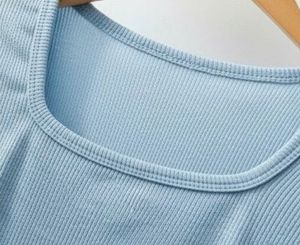 Blue Square ribbed Neck Crop Top