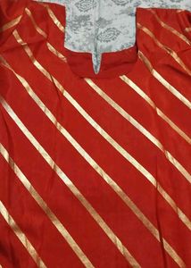Party Wear Red &amp; Gold Striped Embroidered Kurti