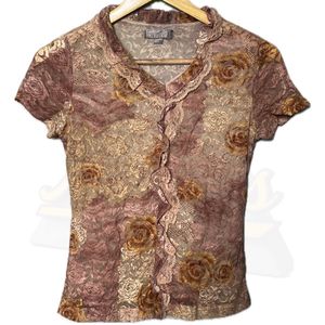 Lace Rose Print Ruffle Blouse