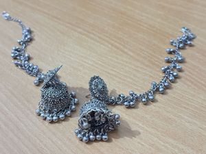 Oxidized Silver Jhumka Earrings with Chain
