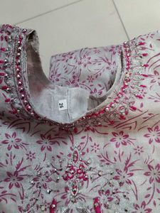 Grey pink Floral Embroidered kids dress...