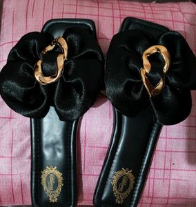 Shoetopia Black Satin Bow Slides