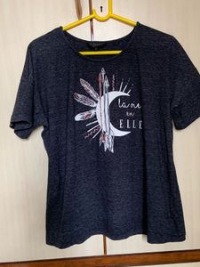 ELLE Women Charcoal Grey Printed T-shirt
