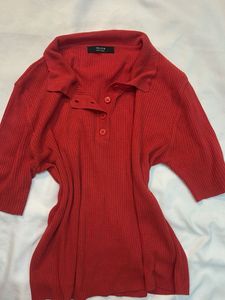 Red Ribbed Knit Polo Top