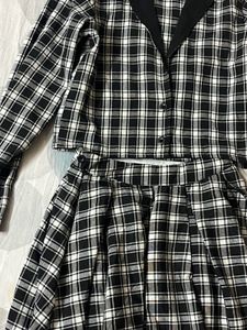 Collar Plaid Crop Blazer And Skater Skirt Set