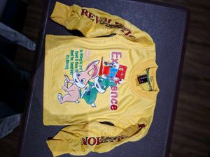 3 piece set with Yellow Graphic Tee, red pants and