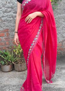 Pink colour hend work saree