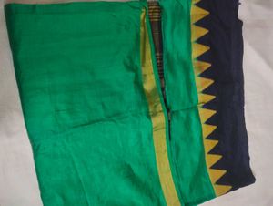 Green &amp; Navy Blue Saree with Geometric Border