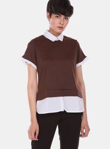 Chic Brown Layered Look Top with White Shirt