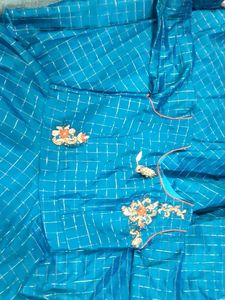 Blue Embroidered Anarkali Dress With Red Dupatta