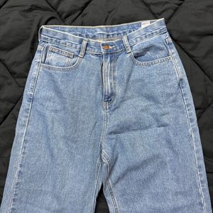 straight-leg, high-waisted jeans