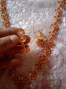 Ruby Emarald Long Chain With Lakshmi Jumkas Earrings