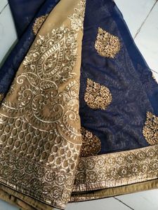 Elegant Blue Nude Saree with Gold embroidery