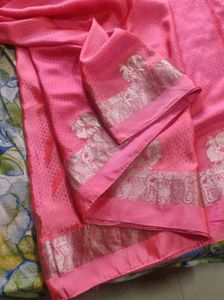 peach Pink Silk Saree With silver detailing