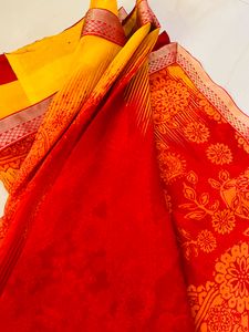 Orange Col Chiffon Saree With Golden Border