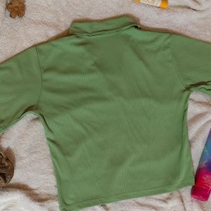 Fennel Green Polo Neck Ribbed Crop Tshirt