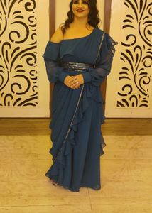 Elegant Blue Drape Saree With Bishop Sleeves