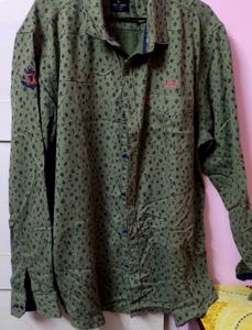Olive Green Floral Print Shirt with Graphic Stitch