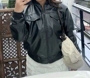 Collarless Faux leather jacket