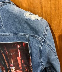 NUON PRINTED DISTRESSED BLUE  DENIM JACKET