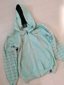 Mint Green Plaid Sleeve Zip Up Hoodie