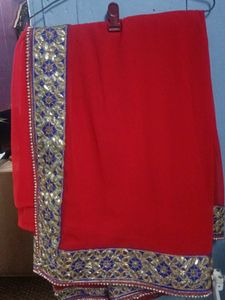 Blue Gotapati Lace Red Colour Sari