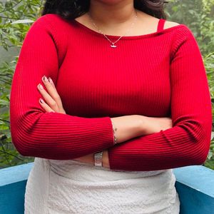 Red Ribbed One-Shoulder Top