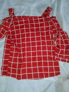 Red Grid Cold Shoulder Top